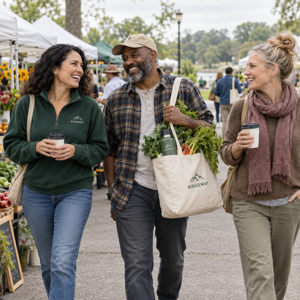 Friends at a weekend farmers market wearing and carrying branded apparel, a canvas tote and a reusable bottle