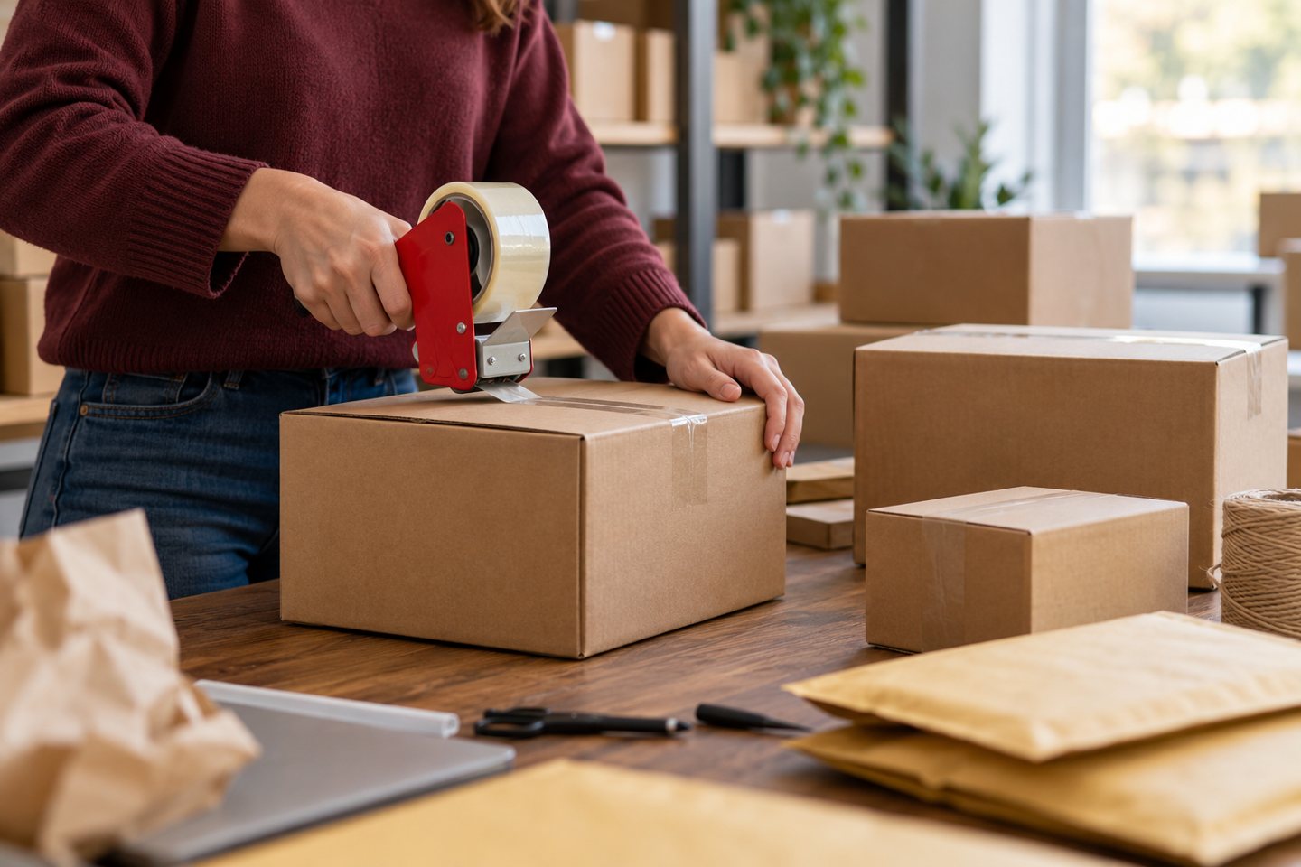 A person preparing mailing cartons at a packing table.