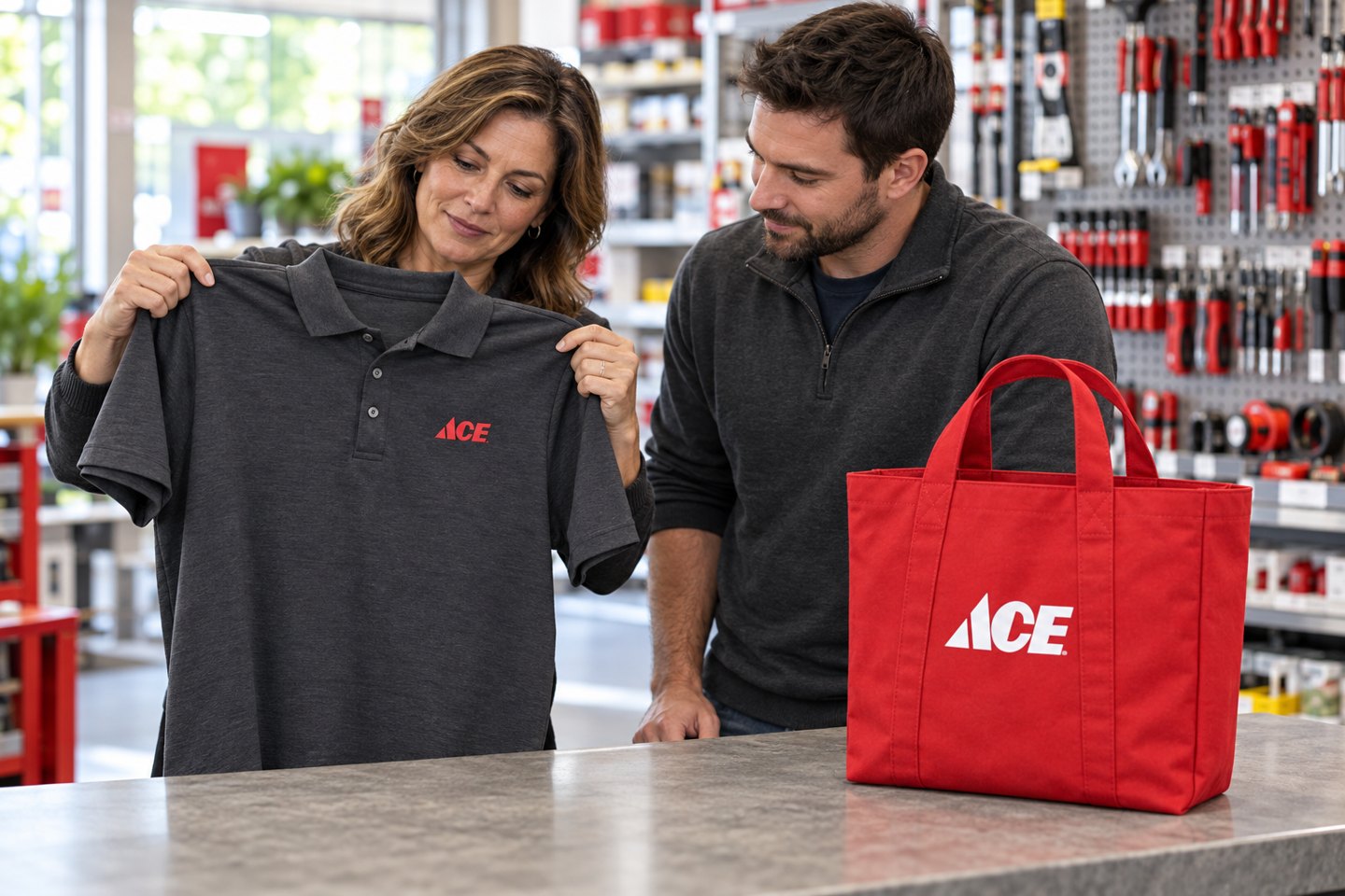 Hardware-store staff comparing a branded polo and tote for upcoming merchandise needs.