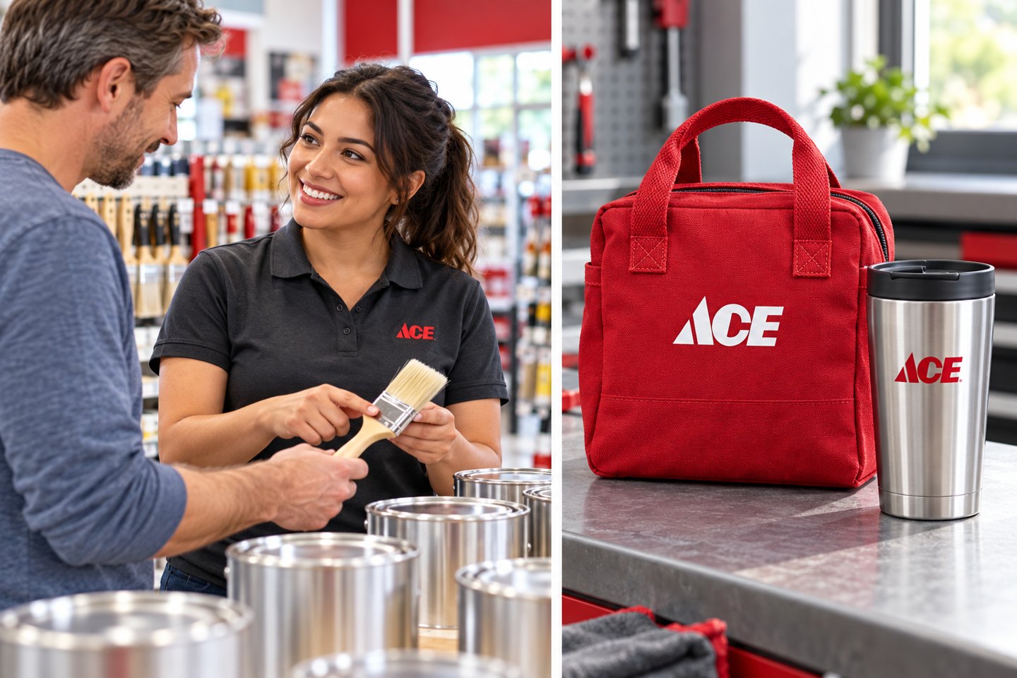 Two-photo collage of hardware-store customer service and coordinated branded new-hire merchandise.