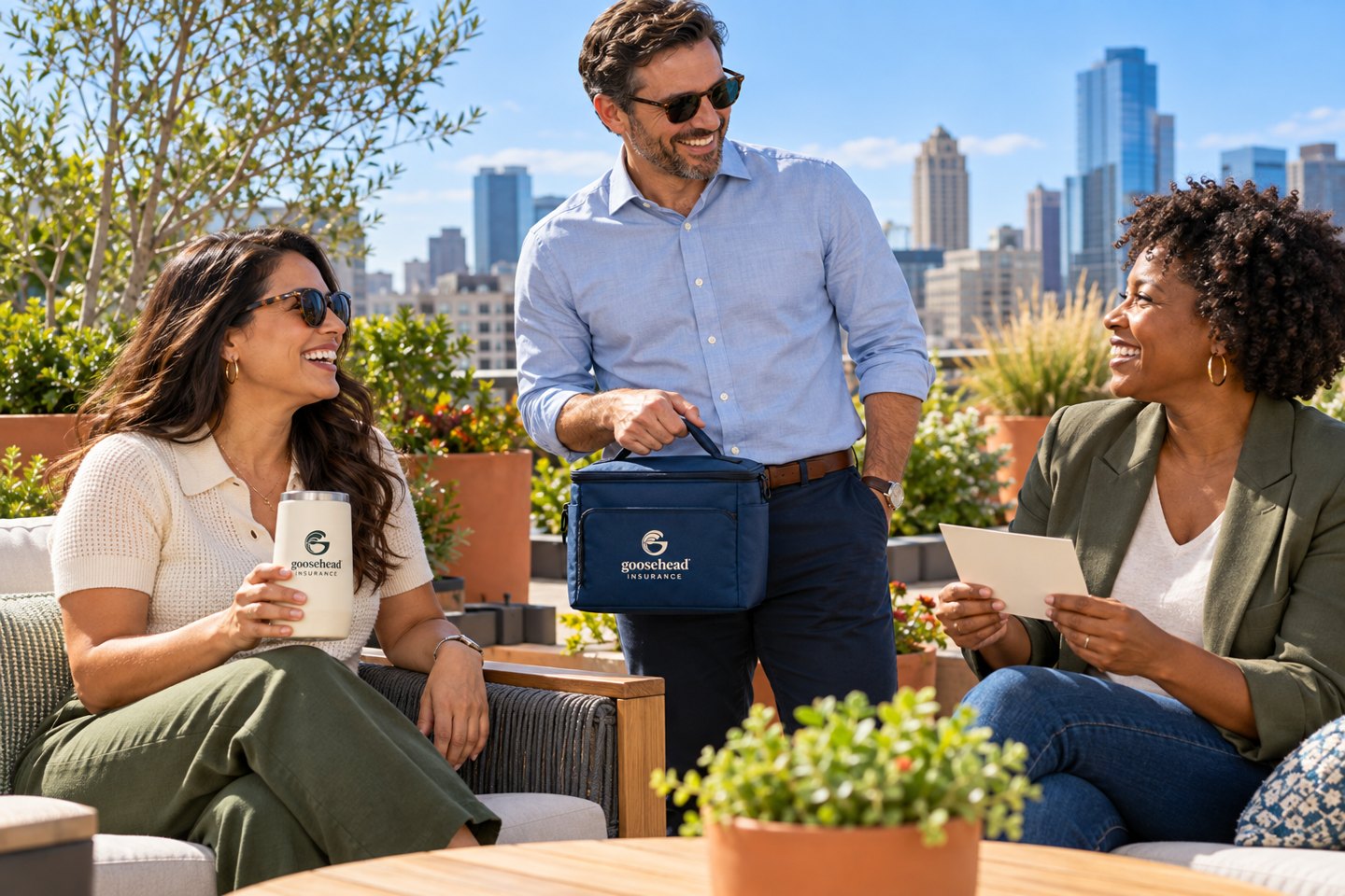 Colleagues enjoying a rooftop break with branded employee appreciation gifts.