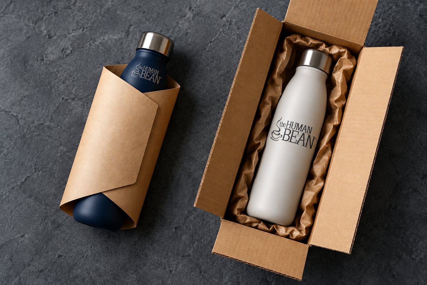 Branded reusable bottles with minimal paper packaging and protective cushioning.