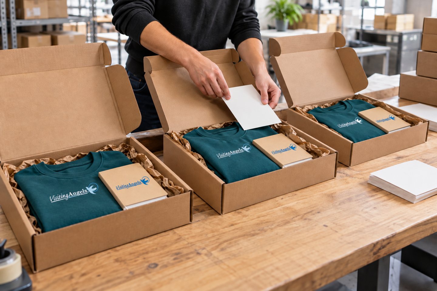 A fulfillment workbench with consistently branded employee kits being assembled.