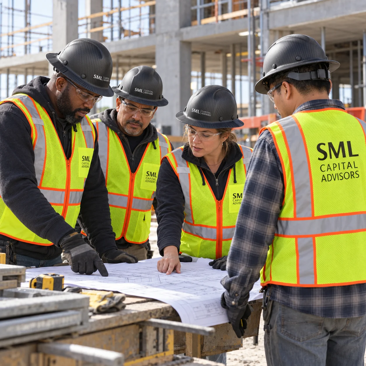 A diverse construction crew reviewing site plans in SML Capital Advisors branded charcoal full-brim hardhats and yellow reflective safety vests