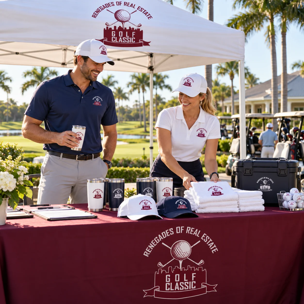 Renegades of Real Estate Golf Classic tournament check-in with branded canopy, polos, caps, towels, drinkware and cooler on a golf course
