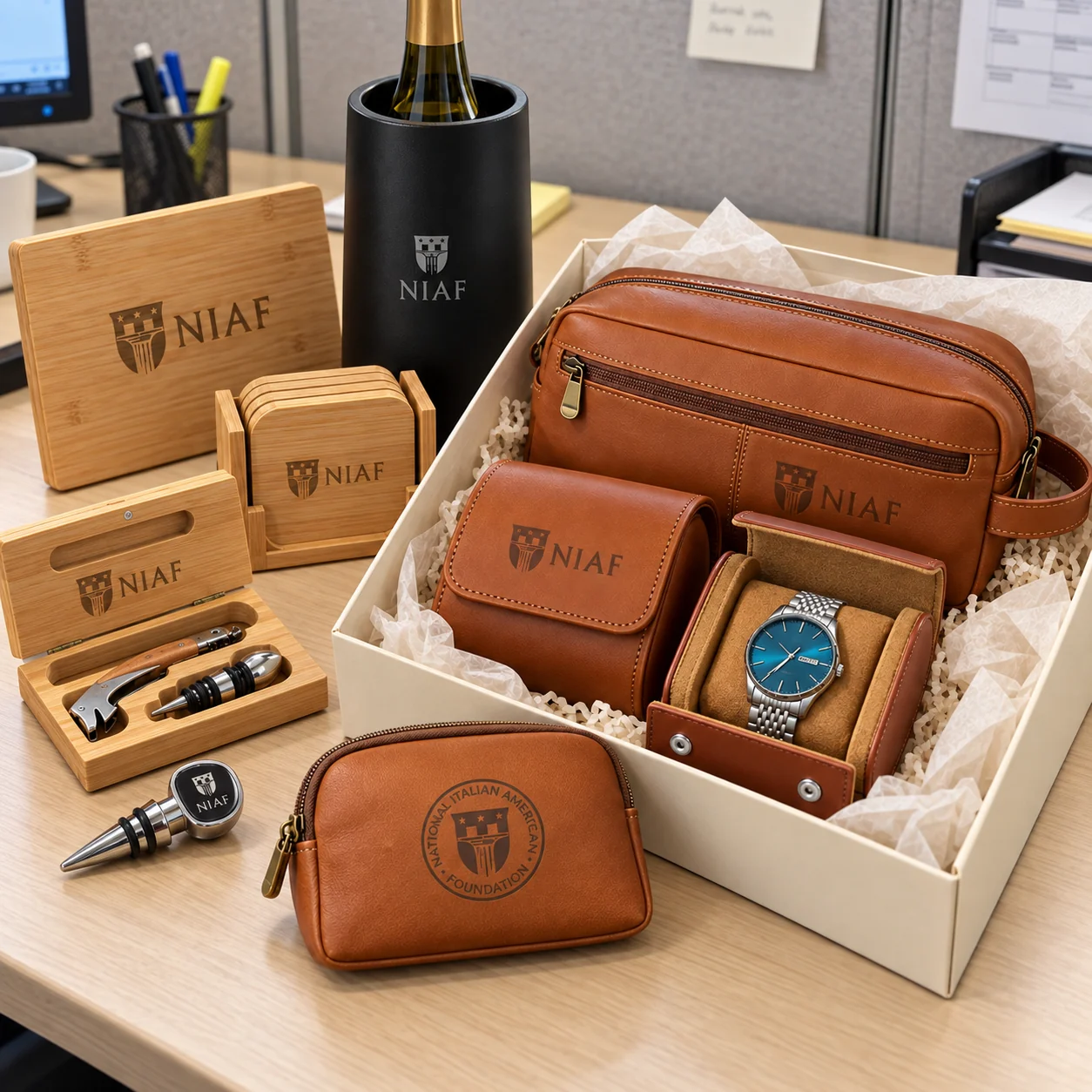 NIAF branded leather gifts, watch, bamboo board and wine accessories arranged on a light wood desk in an office cubicle