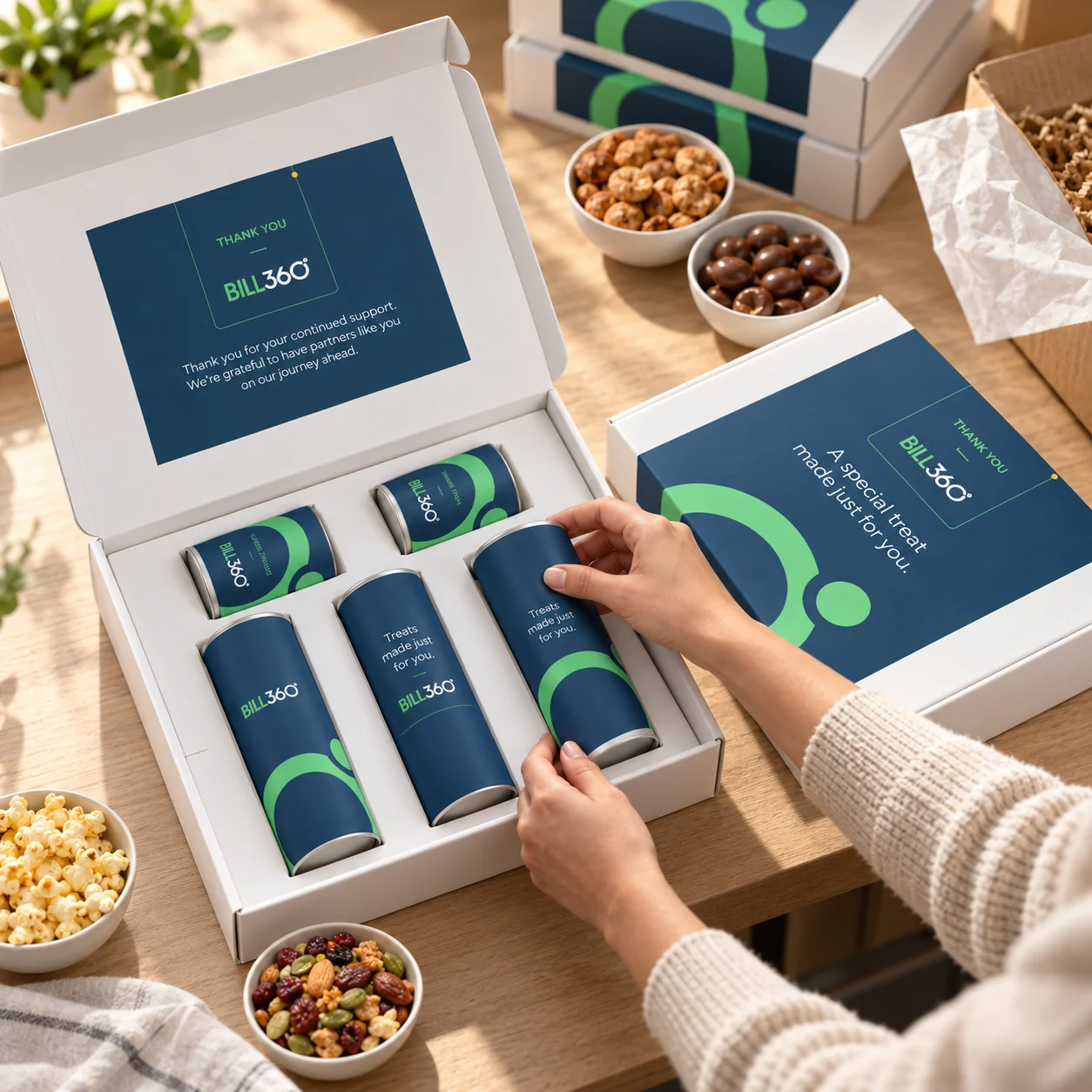 BILL360 snack gift kit with coordinated navy and mint packaging, fitted snack containers and branded thank-you box