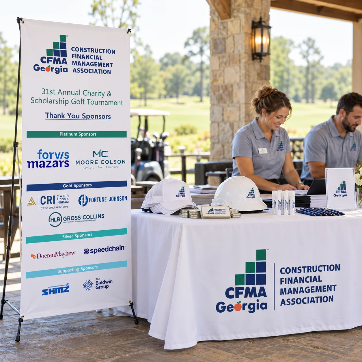 CFMA Georgia golf tournament registration display with sponsor banner, custom branded table cover and matching giveaways